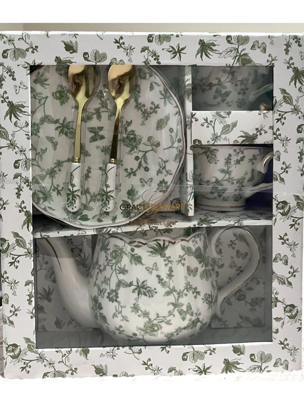 Grace Teaware Tea Cup Teapot Gift Set Greeny Garden Butterfly Toile Porcelain